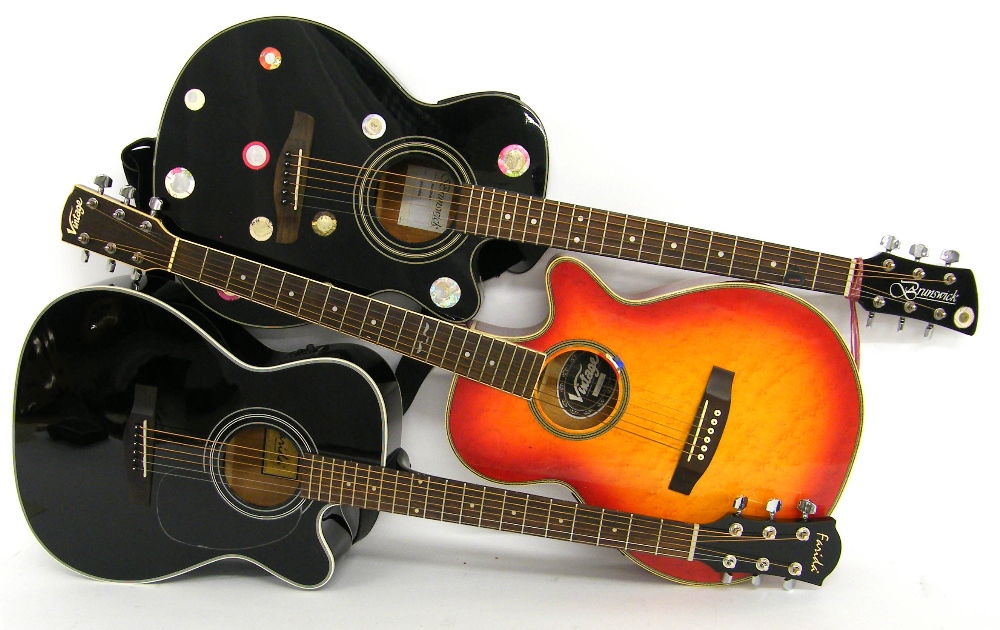 Farida F-8CEVK electro-acoustic guitar; together with a Vintage EY50-CS acoustic guitar and a