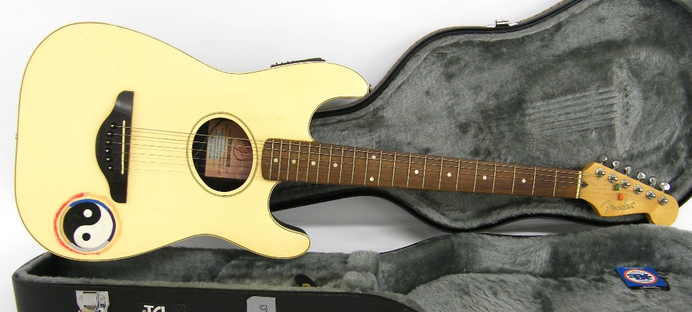 Fender Stratacoustic electro-acoustic guitar, white finish defaced with custom decoration, hard