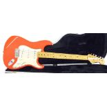 2004 Fender Stratocaster electric guitar, made in Mexico, fiesta red finish, replaced pickguard,