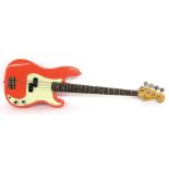 1969 Fender Precision bass guitar, made in USA, ser. no. 2xxxxx8, fiesta red refinish, replaced