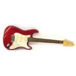 Encore Vintage Standard electric guitar, trans red finish with minor blemishes and other minor