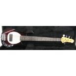 Aslin Dane five string bass guitar, burgundy burst finish, electrics in working order, hard case and