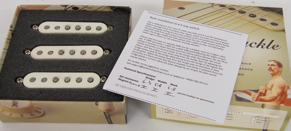 Set of three new and boxed Bare Knuckle single coil '63 Veneer board guitar pickups