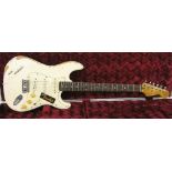 Stratocaster style electric guitar comprising various low grade parts, white relic finish, electrics