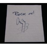 Jimmy Page autograph on a piece of lined paper inscribed 'Rock on!', 4.5" x 5" *Provenance: