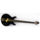 1980s Cort bass guitar, black finish with heavy wear including blemishes, dents, buckle rash etc.,