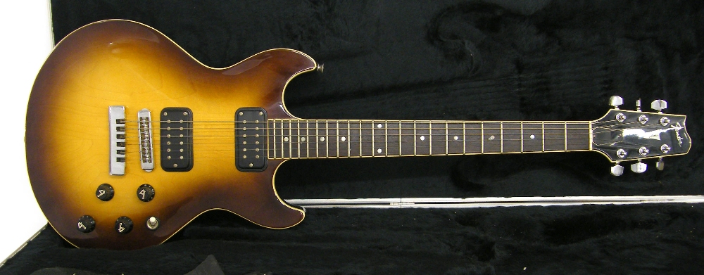 1980s Fender Flame electric guitar, made in Japan, ser. no. 4xxxxxx2, two-tone sunburst finish