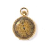 18k lever engraved fob watch, three-quarter plate gilt frosted movement, gilt dial with Roman