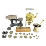 William Soutter & Sons brass spirit kettle on stand, 12.5" high; antique bronze pestle and twin-