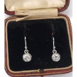 Pair of platinum old-cut diamond drop earrings, each 0.40ct approx, clarity SI1/2, 20mm, boxed