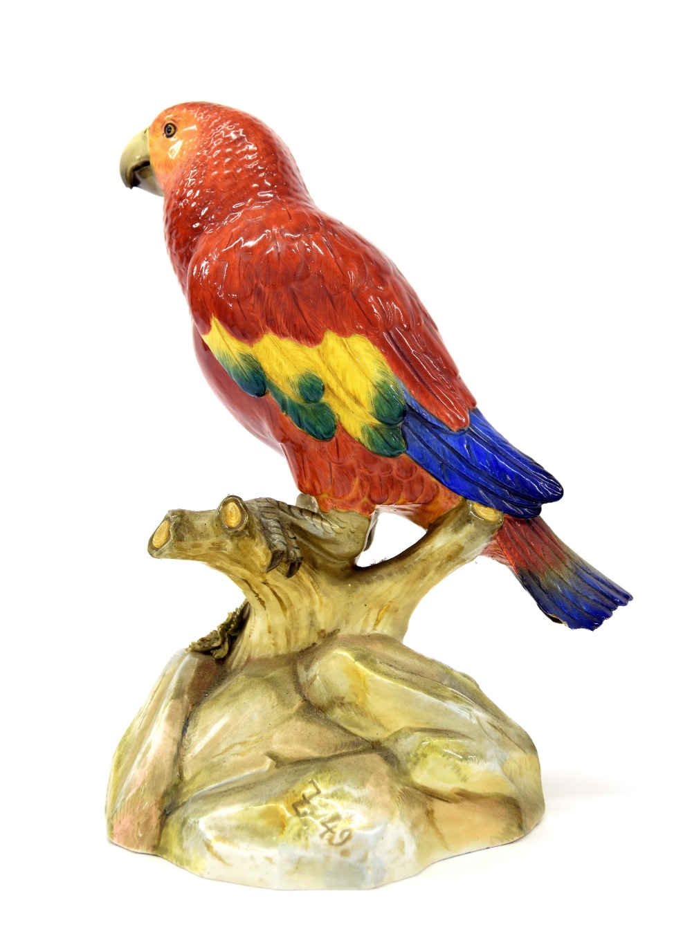 Meissen porcelain model of a parrot, modelled perched upon a naturalistic base, in shades of red, - Image 2 of 3