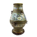 Chinese bronze champleve vase, with ring handles and chrysanthemum decoration, 15.5" high, upon a