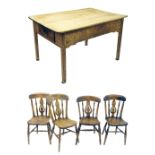 Antique pine scrub top kitchen table, the plank top over single drawers to each end upon square