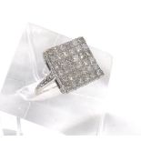 18ct white gold square diamond cluster ring with set shoulders, 1.70ct approx, 15mm, 6.67gm, ring