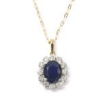 Sapphire and diamond cluster pendant, on a slender chain, 9ct, the pendant 13mm wide