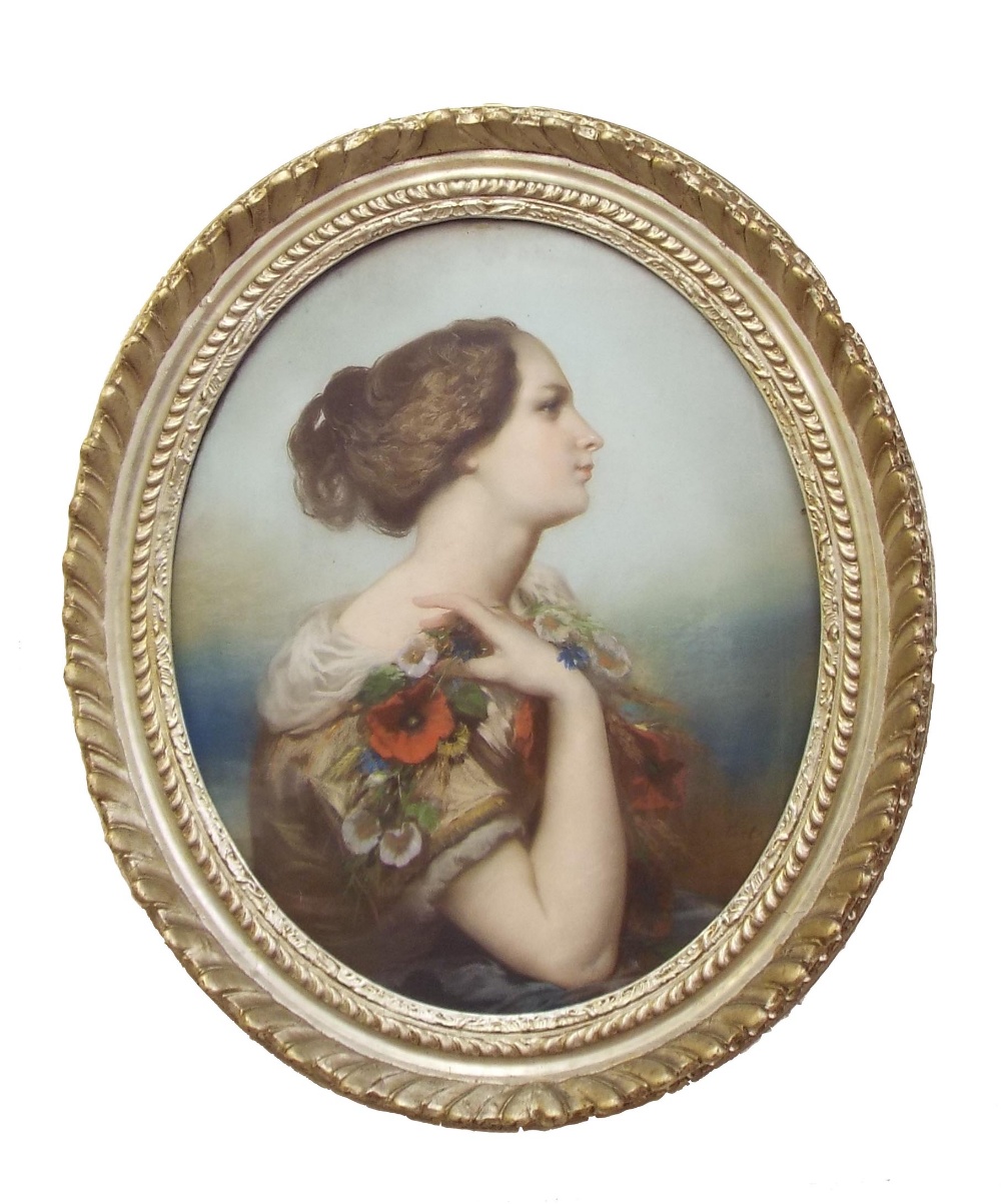 Roberte (19th Century French School) - oval portrait of a young lady holding flowers, indistinctly