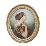 Roberte (19th Century French School) - oval portrait of a young lady holding flowers, indistinctly