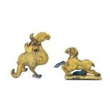 Two Chinese gilt metal animal models, the first modelled as a bird and the other a ram, the bird 4.