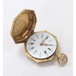 Attractive Continental 14k gold and enamel octagonal cylinder hunter fob watch, the dial with