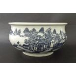 Chinese blue and white porcelain ovoid circular planter, decorated with a traditional landscape,
