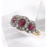 Antique 18ct three stone ruby and rose diamond triple cluster ring, ring size P
