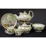 New Hall - tea set comprising teapot, tea bowl, coffee cup, saucer, sandwich plate, sugar bowl and