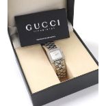Gucci 3600L rectangular stainless steel lady's bracelet watch, no. 0199785, silvered dial, quartz,