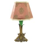 19th century ormolu and green opaque glass epergne converted to a lamp, the pierced trefoil base