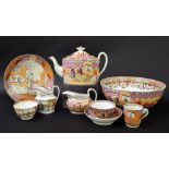 New Hall - part tea set comprising teapot, milk jug, tea bowl and coffee cup with saucer and fruit