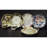 New Hall - four teacups/bowls with matching sandwich plates in pattern nos. 365, 121, 575 and 856;