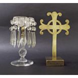 Brass Celtic cross upon a square base, 10" high; also a glass table lustre, 8.75" high (rim