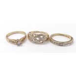 Three 9ct diamond set rings, 7.4gm (3)