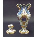 Samson Chinese armorial style porcelain twin handled baluster vase upon a circular base, 9.5"