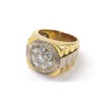 Heavy bi-colour gold 'Rolex' style diamond set gentleman's ring, set with eight round brilliant-