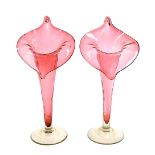 Pair of Victorian cranberry glass 'Jack in the Pulpit' vases, 9.25" high (2)