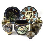 Selection of Chinese cloisonne, comprising two plates, five vases and a jardiniere (8)