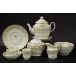 New Hall - tea set comprising teapot on stand, tea bowl, coffee cup, saucer, sandwich plate, slop