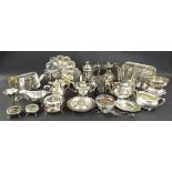 Large selection of assorted silver plate to include a Walker & Hall silver plated coffee pot, pair