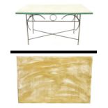 Carolyn Quartermaine - decorative script design iron frame table, glazed top, 66" x 42"
