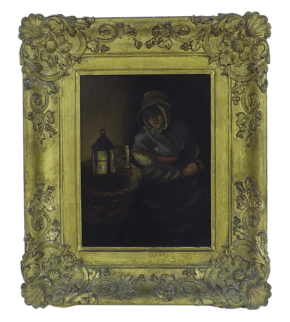 19th Century Dutch School - Interior study of a seated lady in a bonnet beside a lantern, oil on - Image 2 of 2