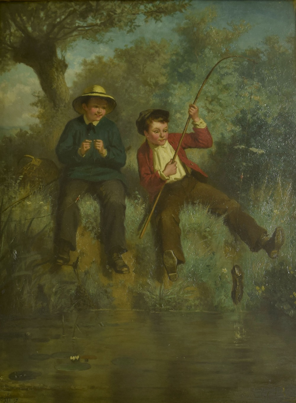 John Henderson (1860-1924) - Boys fishing beside a stream, signed with a monogram and dated 1879,