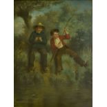 John Henderson (1860-1924) - Boys fishing beside a stream, signed with a monogram and dated 1879,