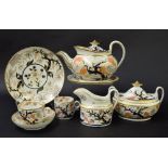 New Hall - tea set comprising teapot on stand, teacup, coffee cup, saucer, sandwich plate, milk