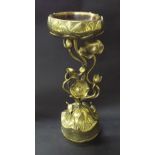 Oriental brass plant stand, decorated with terrapins climbing a plant, 16" high