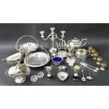 Small pierced silver dish, pair of small silver trophies; together with a selection of silver plated