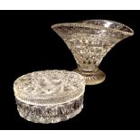 Good cut glass flared vase, the top rim etched with flowers and scrolled acanthus over a hobnail cut