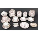 Victorian pink transfer printed child's dinner service, comprising graduated platters, lidded