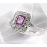 18ct white gold pink sapphire and diamond rectangular cluster ring, the sapphire 1.10ct approx in