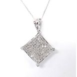 Diamond encrusted pendant set in 9ct white gold, 17mm wide; on a slender necklet, 2.4gm