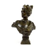 After E. Villanis - cold cast bronze bust of Lucrece on squared pyramid base, 15" tall